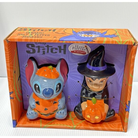 Disney Lilo & Stitch Halloween Salt Pepper Shakers Pumpkin Witch Festive Kitchen - Picture 1 of 10